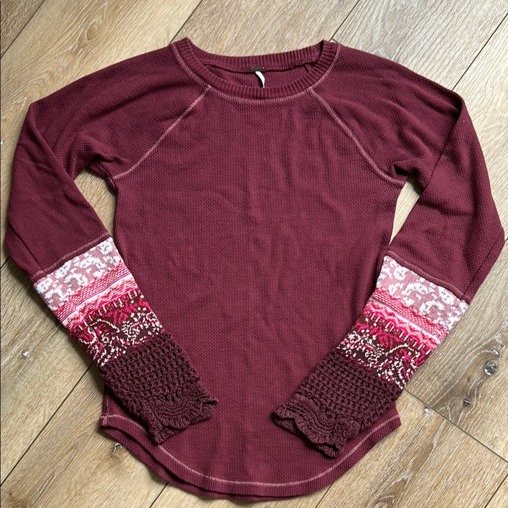 Free People In The Mix Cuff Thermal Shirt Top Rio Vino Crochet Wine Size Large